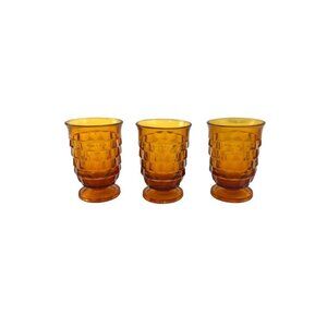 Vintage Amber Cut Footed Glasses Short Indiana Whitehall MCM 3QTY